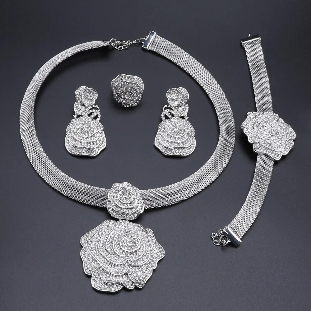 Dubai Gold Color Jewelry Sets For Women Bridal Luxury Necklace Earrings Bracelet Ring Set African Wedding Party Gifts