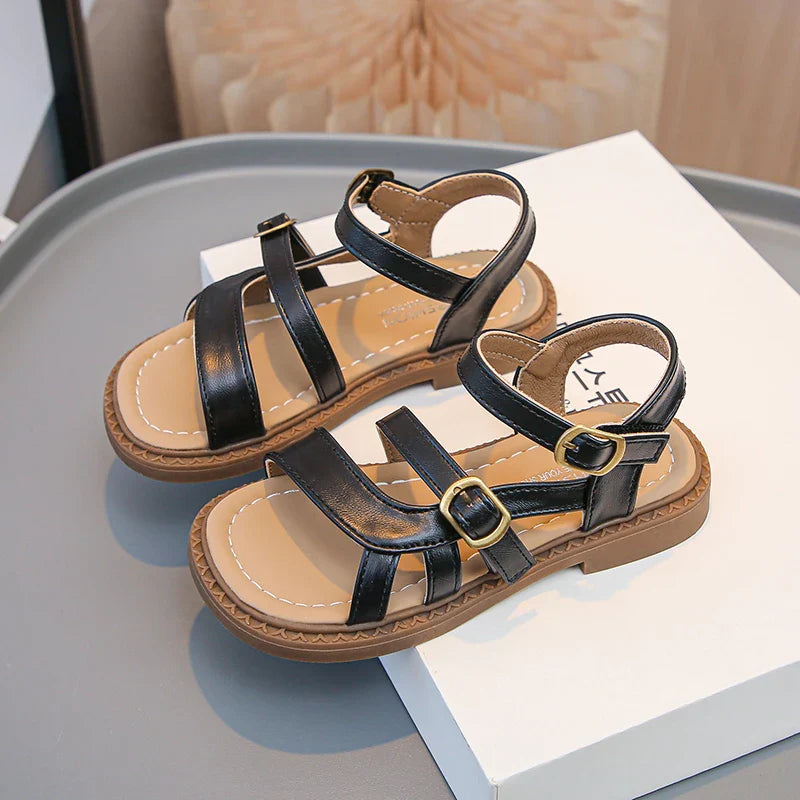 Girls Roman Sandals Open Toe Little Kids Leather Sandals with Buckle Open Toe Children Summer Beach Shoes Non-Slip Soft Sole