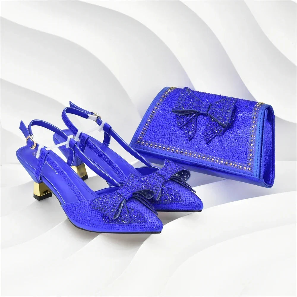 2026 Fashiona Banquet Exquisite Party Top Luxury Pointed Toe Bowtie Bright Diamond Summer Women's High Heels Shoes and Bags Set