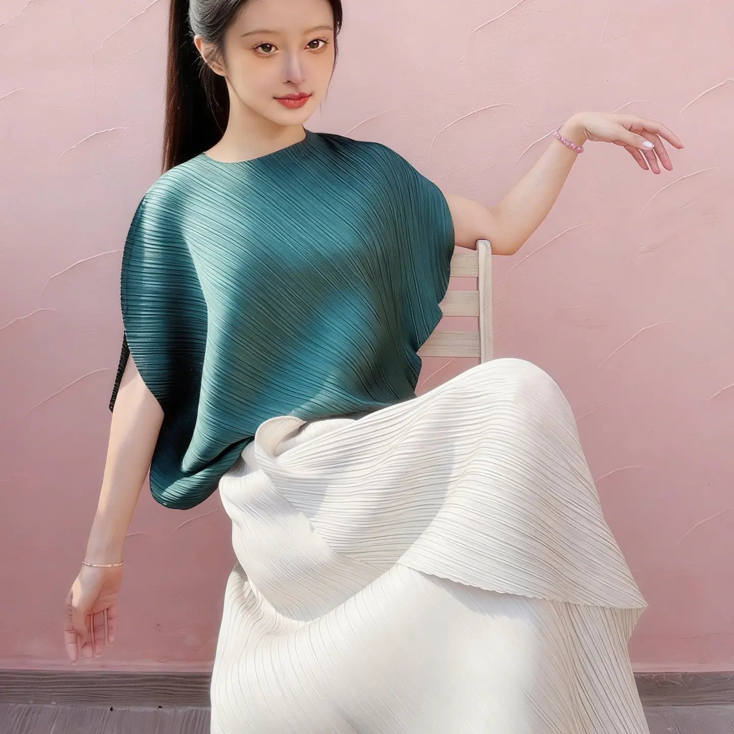 Miyake pleated high-end design fashionable irregular solid color round neck top for women