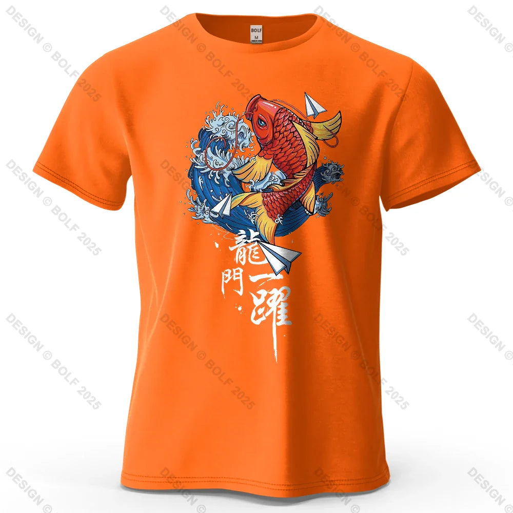 Dragon Gate Leap Printed Men's T-Shirt 100% Cotton Oversized Carp Good Luck Graphic Tees for Women Tops Tees Streetwear
