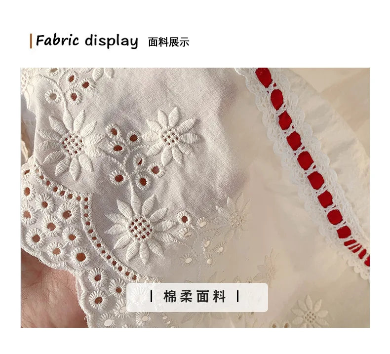 Kid Girl Exquisite Dress Ruffled Lace Collar Trimmed in Red Ribbon Red Dotted Lace Cut Out Embroidery on The Skirt for Children
