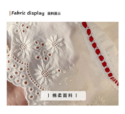 Kid Girl Exquisite Dress Ruffled Lace Collar Trimmed in Red Ribbon Red Dotted Lace Cut Out Embroidery on The Skirt for Children