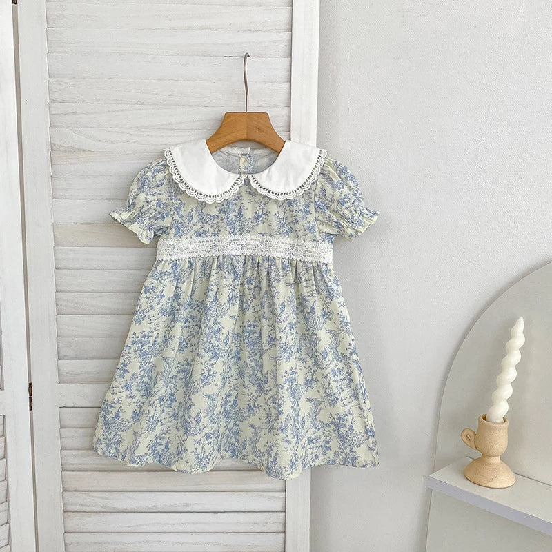 2026 Novo Vestido de Verão para Meninas Crianças 2-6 Anos Vestido de Manga Curta Bufante Estampa Floral Gola Franzida Algodão Doce