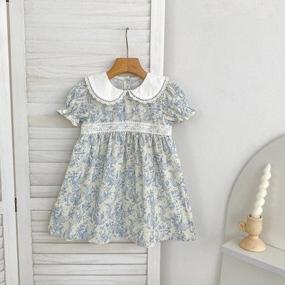 2026 Novo Vestido de Verão para Meninas Crianças 2-6 Anos Vestido de Manga Curta Bufante Estampa Floral Gola Franzida Algodão Doce