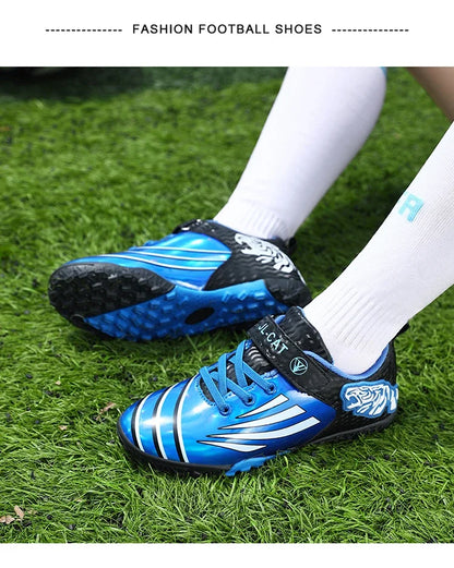 Fashion Gold Children's Football Shoes Outdoor Non-slip Turf Soccer Shoes Kids HOOK&LOOP Low-cut Sports Sneakers Child Trainers