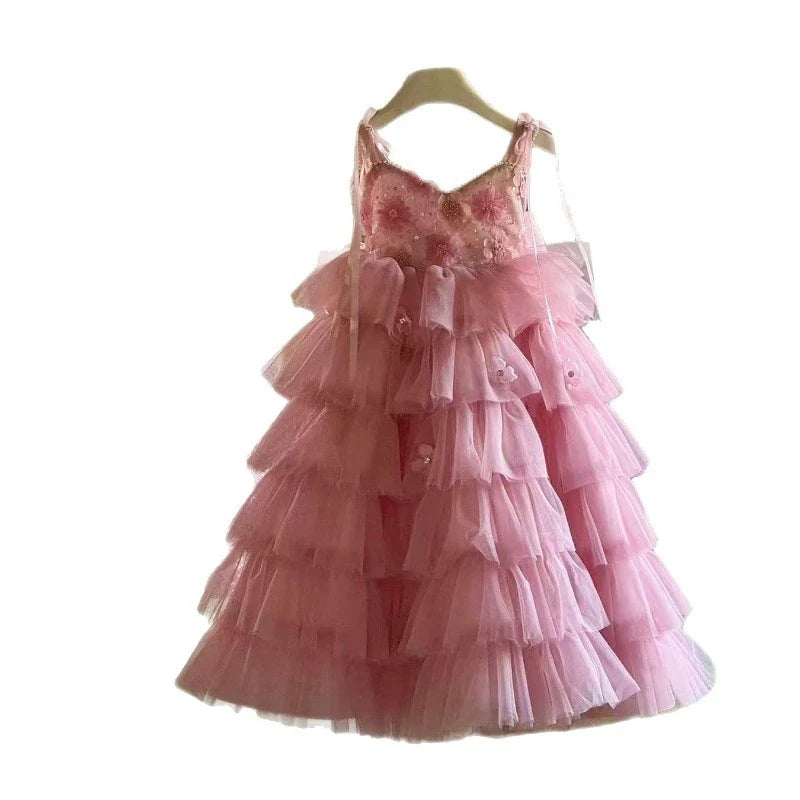 Girls' Summer Sleeveless Fluffy Dress Kid's Sweet Tulle Long Skirt Beautiful Princess Outfit for Birthday Party & Halloween