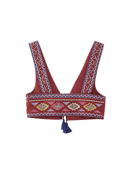 Y2K Embroidery Women Waistcoats Summer Lightweight V Neck Sleeveless Tassels Hem Slim Vest Female Crop Top