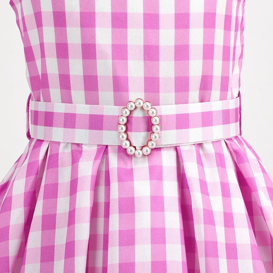 2025 Summer Beach Baby Girl Pink Cute Sleeveless Plaid Slim Strap Dress For Girl Cowboy Look Stripe Dress Set With Belt