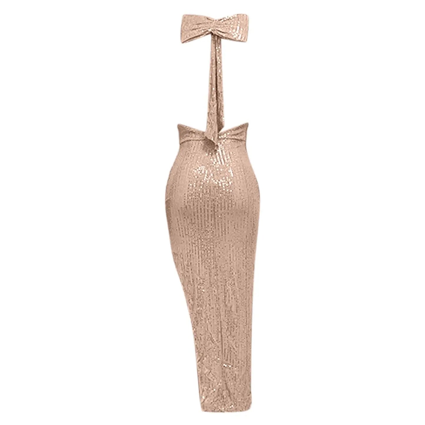 Women's Sequined Long Party Dresses Fashion Solid Color Hanging Neck Round Neck Bow Sleeveless Slit Long Dress Evening Dresses