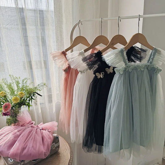 Vestidos de Tule de Malha de Princesa para Meninas, Tutu, Vestido de Aniversário de Sereia com Borboletas 3D para Crianças de 1 a 6 Anos, Vestido de Princesa Infantil