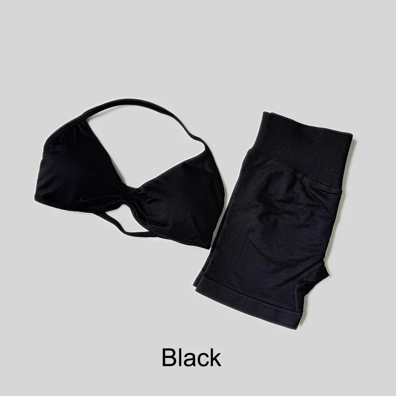 Yoga Set Fitness Gym Women Solid High Waist Peach Short Legging Halter Neck Sport Bra Athletic Gym Suit