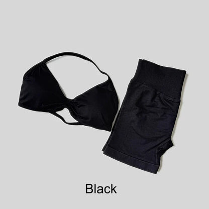 Yoga Set Fitness Gym Women Solid High Waist Peach Short Legging Halter Neck Sport Bra Athletic Gym Suit