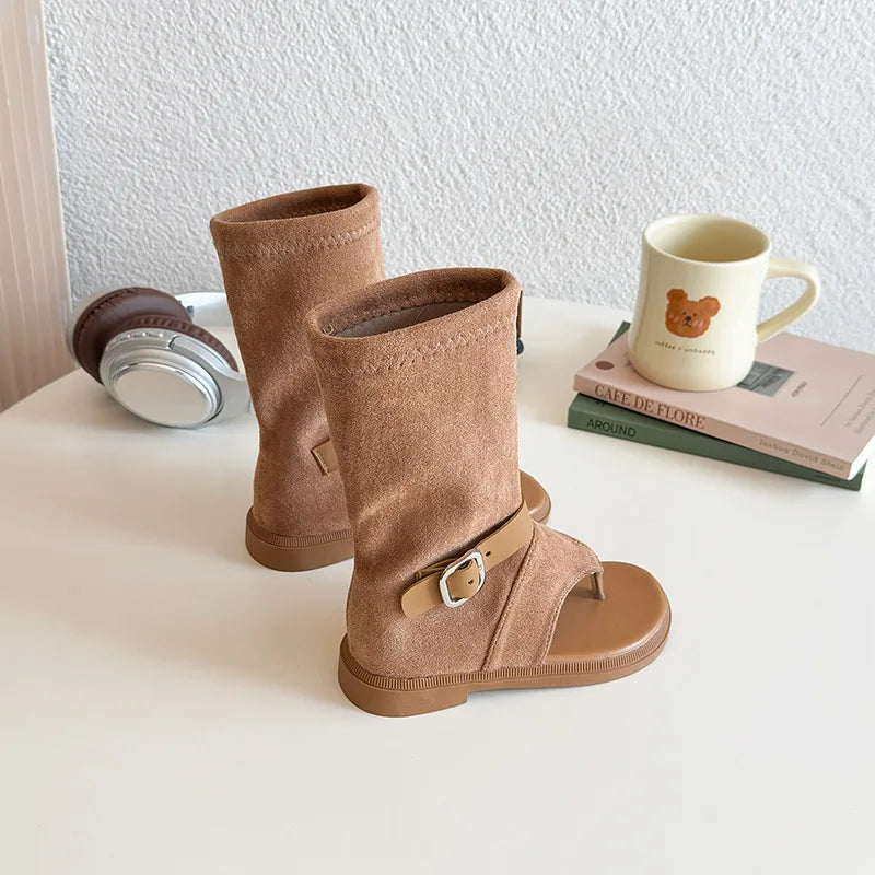 Summer Princess Long Pipe Boots Roman Sandals for Kids Girl Brand Design Ankle Strape Stretch-Satin Flip Flop Girls Shoes I06242