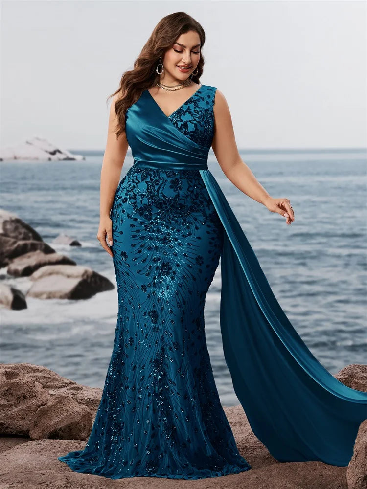 Plus Size Elegant V-neck Blue Splice Sequins Evening Dress Sleeveless Mermaid Formal Luxury Party Streamer Cocktail Gown
