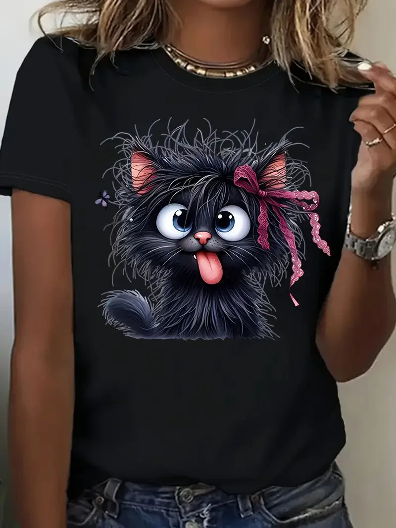 Women's Funny Fried Cat Cartoon T-Shirt with Playful Bow Butterfly Print  Women's Casual  Short Sleeve T Shirt Clothing Top Tee
