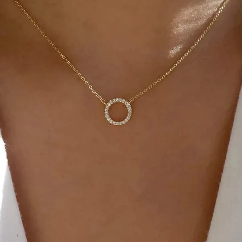 Jewelry Simple Crystal Circle Pendant Necklace Golden Color Unique Women