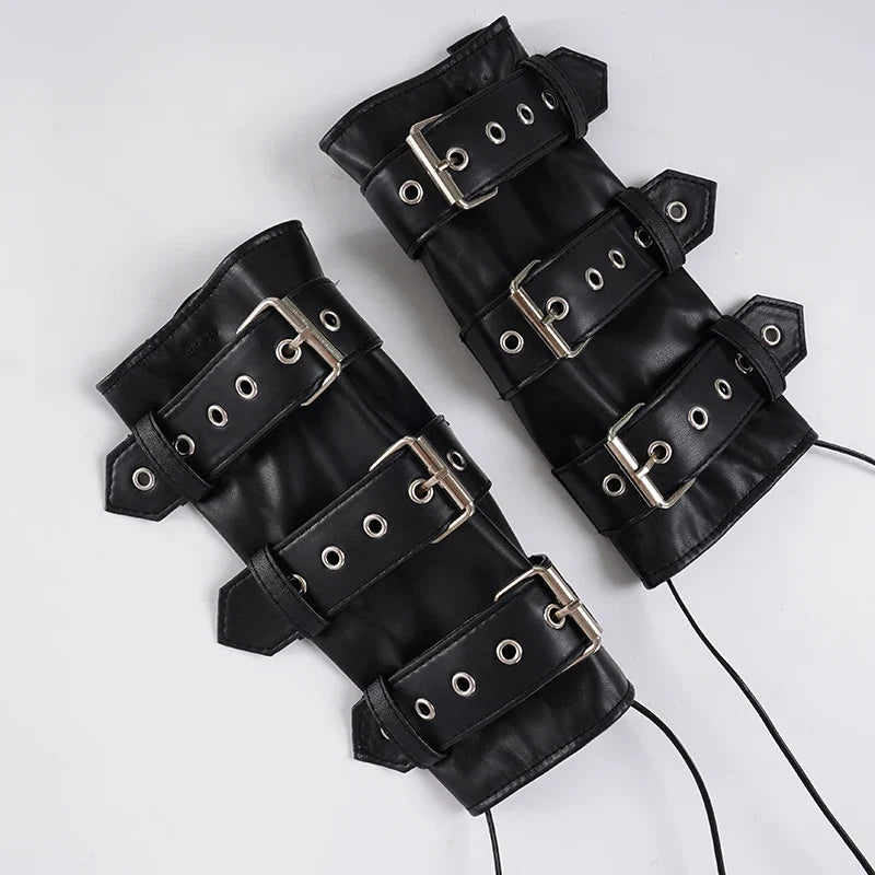 Retro Punk Pu Leather Vest With Sleeve Cover Women Gothic Black Sleeveless Turtleneck Top Y2k Metal Decorative Clothing