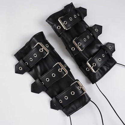 Retro Punk Pu Leather Vest With Sleeve Cover Women Gothic Black Sleeveless Turtleneck Top Y2k Metal Decorative Clothing