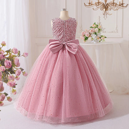 Vestidos de Festa de Daminha de Verão com Lantejoulas para Meninas Elegante Laço Vestido de Aniversário de Casamento para Meninas Baile de Formatura Gala Concurso Noite Roupa Infantil