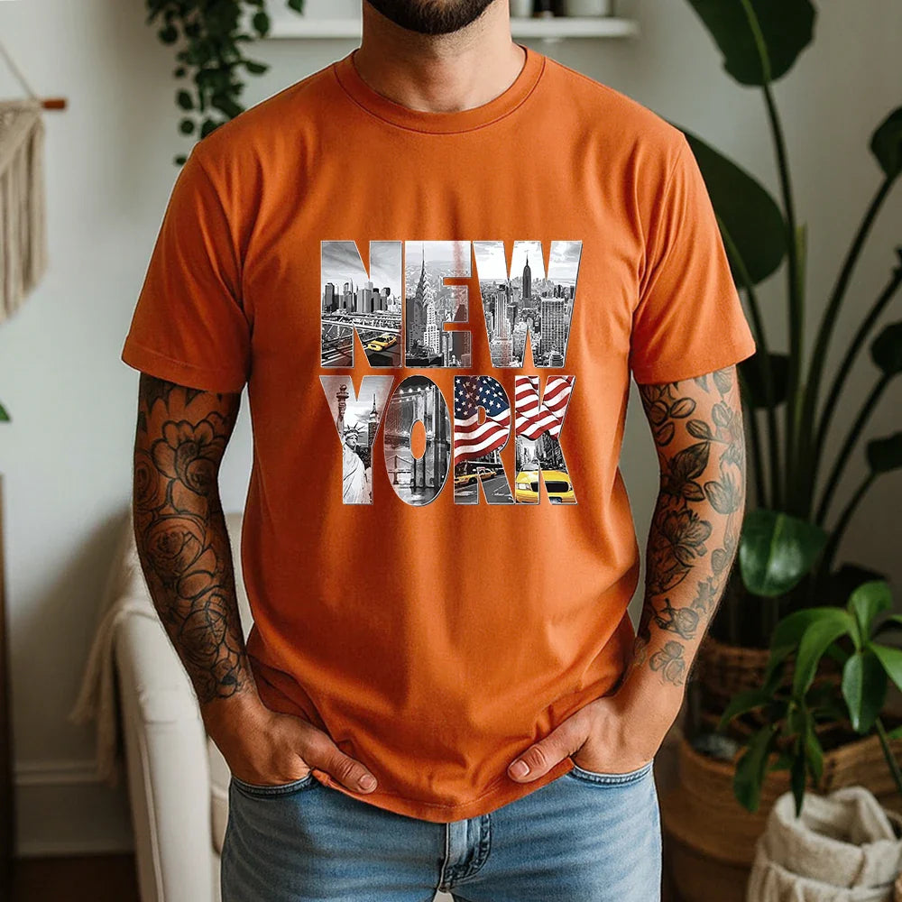 New Summer 100% Cotton T-Shirt New York City Landmark Letter Retro American Street Style Oversized Breathable Short Sleeve