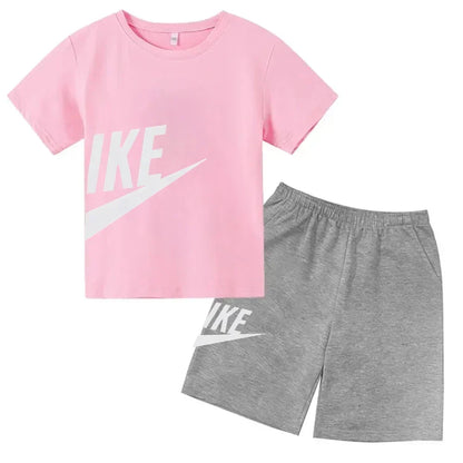 Fashion Sport 2Pcs Outfit, Printed Short Sleeve Tee and Shorts, Comfortable Summer Tracksuit for Boys Girls