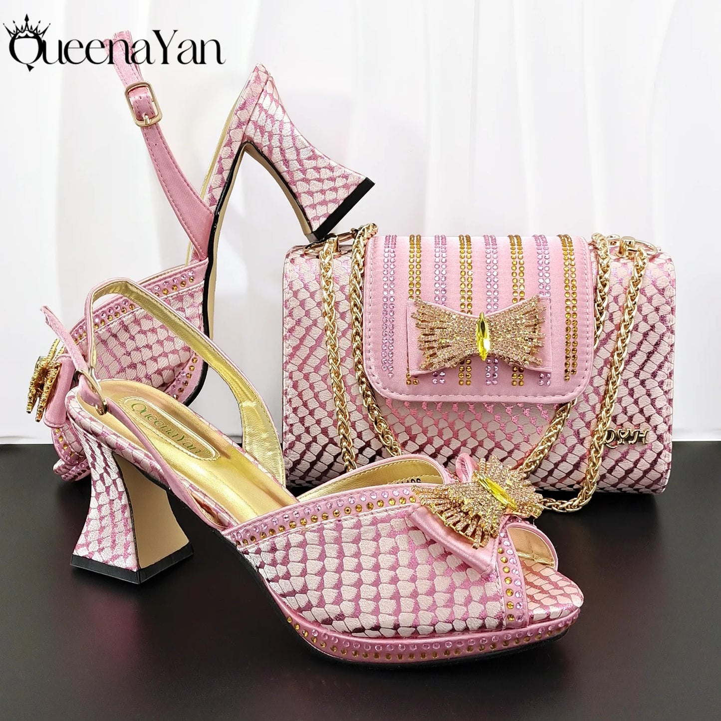 Sky Blue Color Party Peep Toe High Heels and Handbag  Set With Striped and Rhinestone Decoration Design
