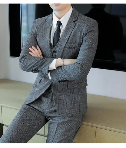 Hemp (blazer+Vest+Pants) Fashion Business Leisure Hosts Slim-fit Cotton Hemp Gentleman Wedding Work Wedding Suits for Men M-5XL