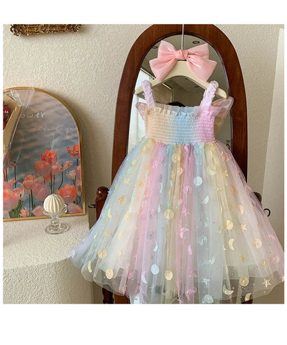 Korean Style New Summer Baby Girl Princess Dress Square Collar Mesh Sleeveless Dresses Children Clothing E23076