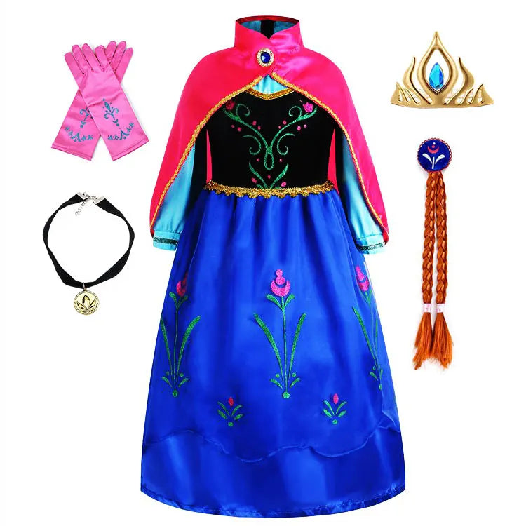 2026 Anna inspired Princess Dress with Fuchsia Cape Girls Snow Queen Elsa's Sister Costume Play Toddler Carnival Royal Frocks