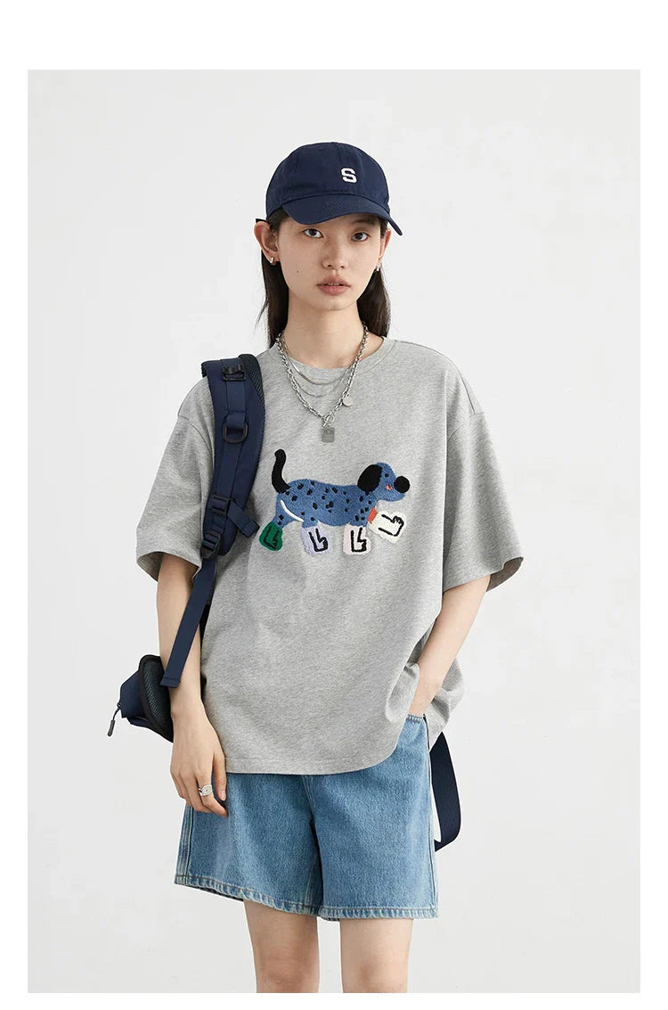 CHIC VEN Camisetas Femininas Soltas Streetwear Unissex Divertido Cão Bordado Manga Curta Algodão Blusas Menina Femininas Verão 2025