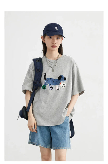 CHIC VEN Camisetas Femininas Soltas Streetwear Unissex Divertido Cão Bordado Manga Curta Algodão Blusas Menina Femininas Verão 2025