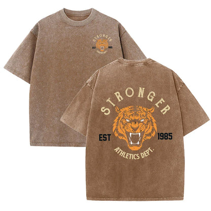 Stronger Tiger Sport Print Wash T Shirt Woman Summer Comfortable Washed Tee Casual Shortwear Soft Cotton Unisex Clothes