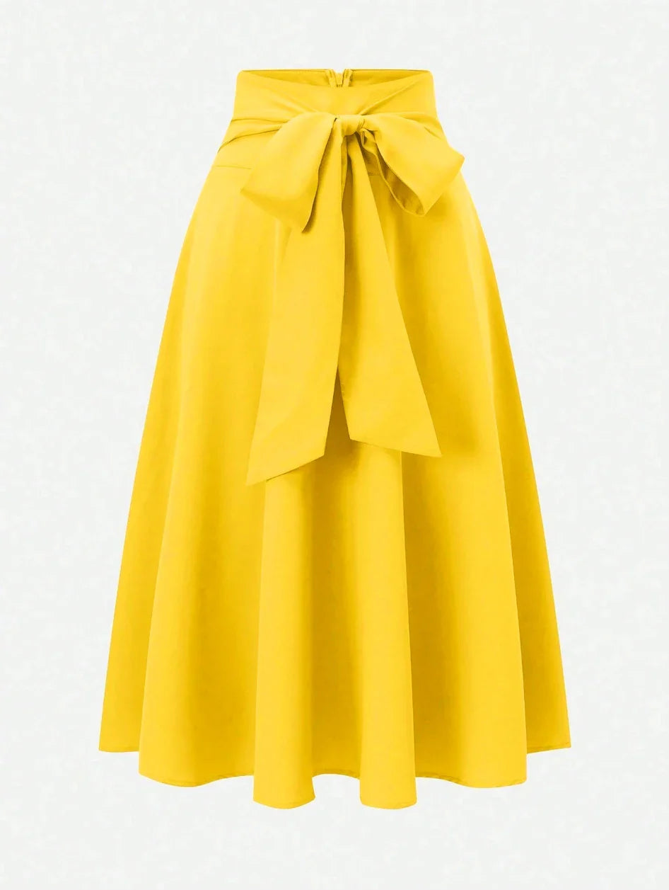 Women's Spring Summer Bright Yellow High Waist Large Bow Detail Flared Midi Skirt Elegant Casual Office Style