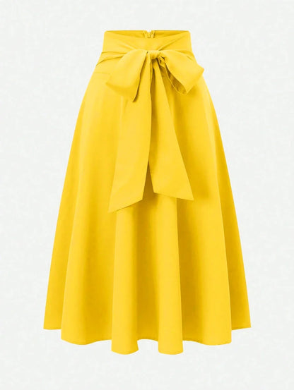 Women's Spring Summer Bright Yellow High Waist Large Bow Detail Flared Midi Skirt Elegant Casual Office Style