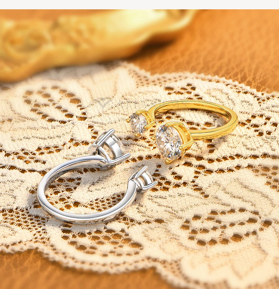 Two Stone Round Cut Moissanite Ring for Women 100% S925 Silver Personalized Open Rings Daily Wear Korean Style Jewelry