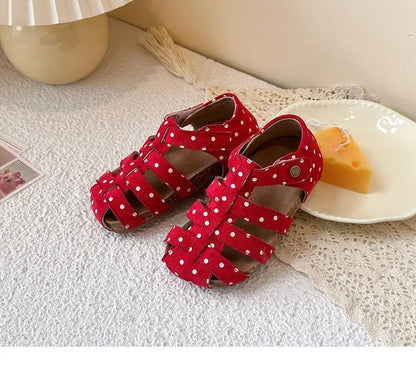 All Over Print Polka Dot Children Sandals for Girls Suede Leather Summer Students Holiday Shoes Girl Daily Shoes Cut-outs I05103