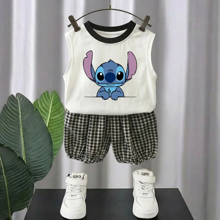 Summer Cute Cartoon Printed Boys Casual Outfits Kids Fashion Plaid Shorts Sets Children Sleeveless Top and Bottom Two Piece Sets