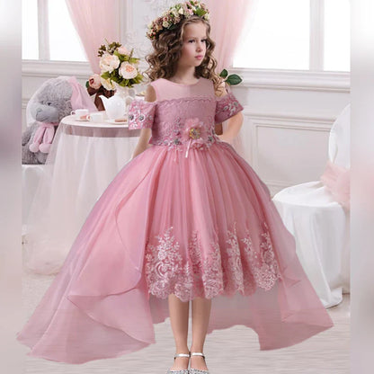 2026 New Summer Flower Girl Graduation Performance Tailcoat Embroidered Party Dress Trailing Tulle3-11 Years Old The Girl Dress