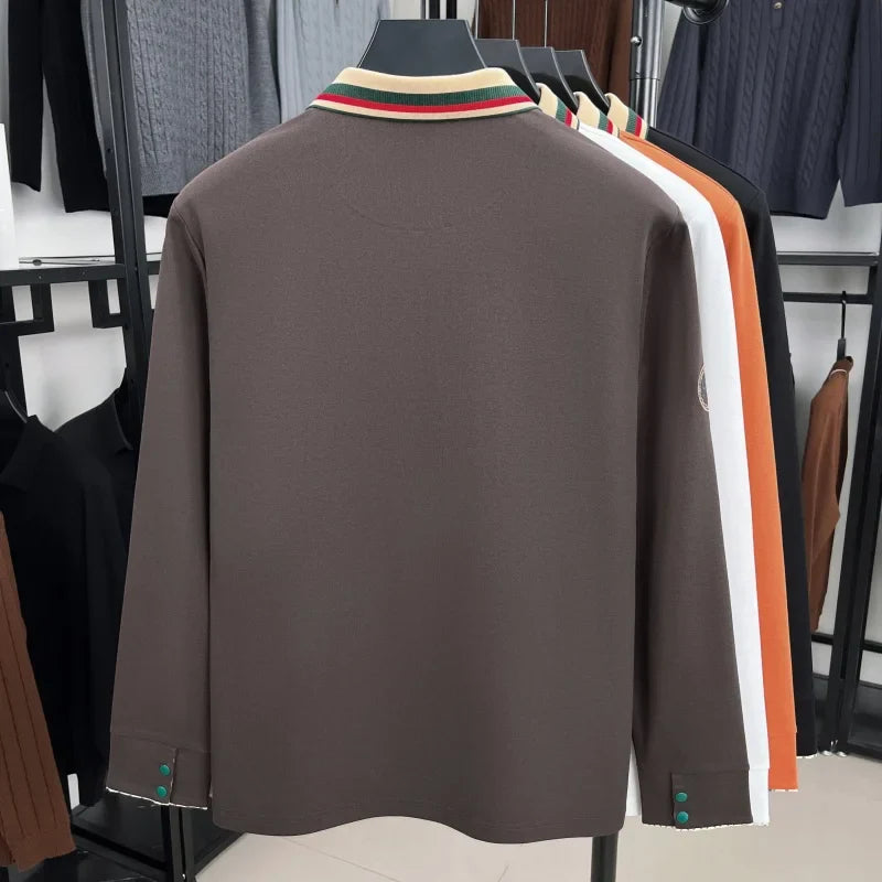 Luxury advanced  brand men long sleeve polo shirt unique stripe color blocked lapel fashion letter embroidery casual new T-shirt