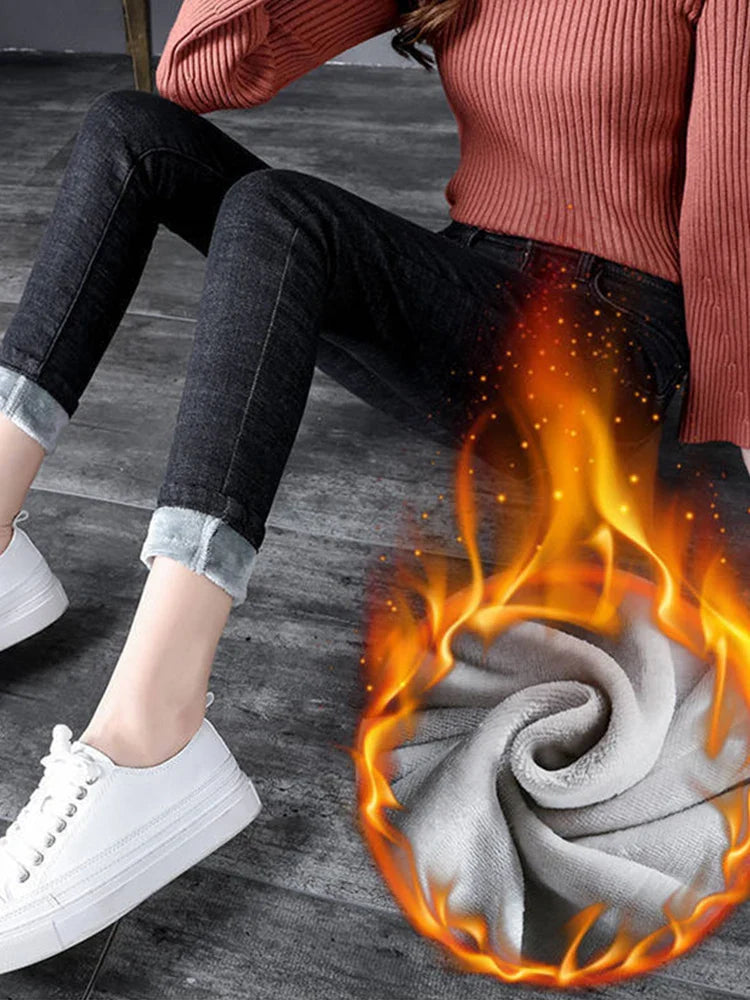 Women's Thick Velvet Jeans, Stretch High Waist Pencil Pants