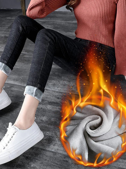 Women's Thick Velvet Jeans, Stretch High Waist Pencil Pants