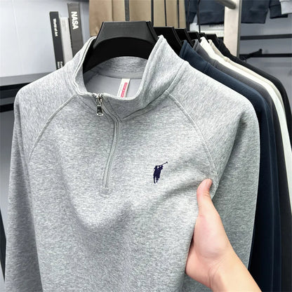 Half zip hoodie men's long sleeved t-shirt autumn plus size middle-aged and young embroidered pony logo collar polo shirt top