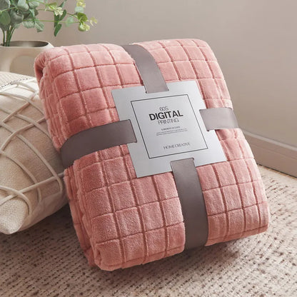 Luxury Grid Coral Velvet Blanket - Soft Fluffy Plush Throw, Thickened Warm for Sofa & Air-Condition Room, Flannel Back