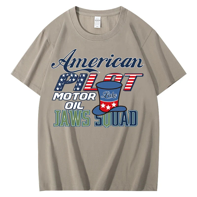 Unisex  American Pilot Motor Oil Graphic T-Shirt USA Flag Print Casual Streetwear Short Sleeve Tee Tee for Men Women