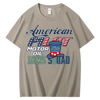 Unisex  American Pilot Motor Oil Graphic T-Shirt USA Flag Print Casual Streetwear Short Sleeve Tee Tee for Men Women