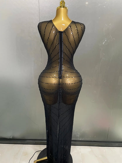 Sexy Sparkly Rhinestones Sleeveless Long Dress 2025 New Women Birthday Celebrate Evening Photo Shoot Stage Performance Costume