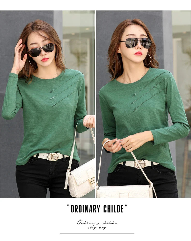 Summer Women Ribbed Cotton Tee-Shirts Female Button Loose Casual Fashion T-shirts 2026 Long Sleeve O-Neck Korea Tops