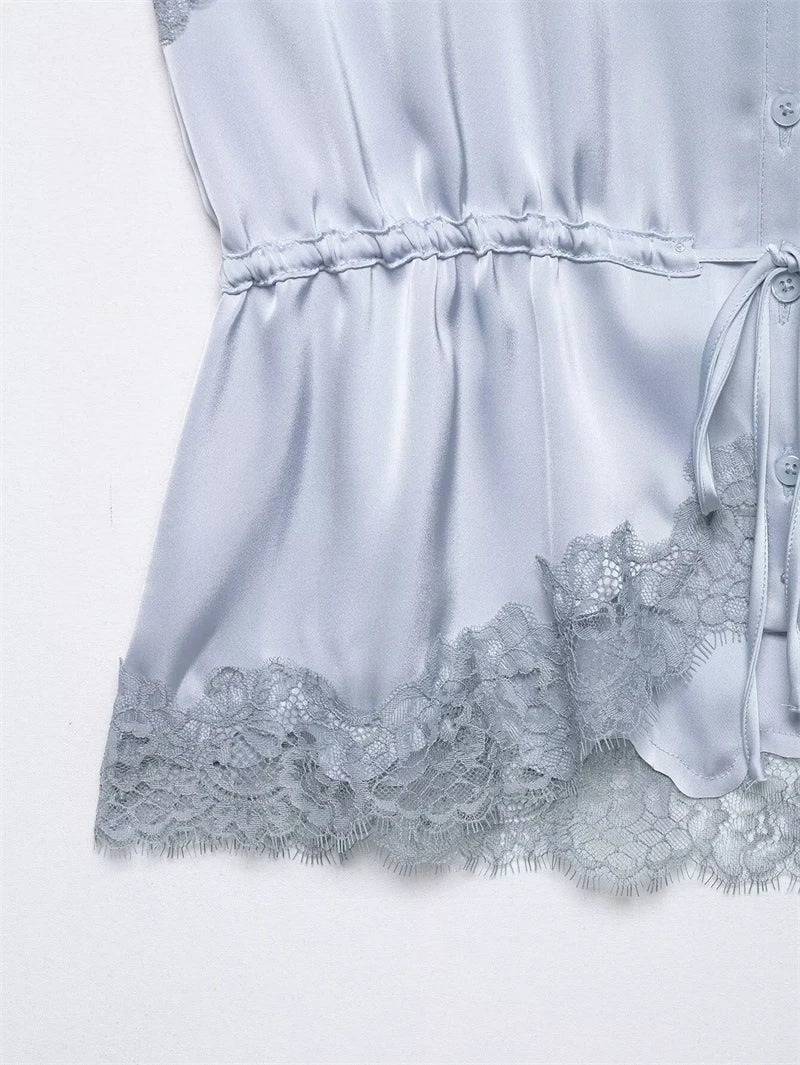Women's Top 2026 New Spring Summer Lace Decoration Satin Textured Top for Women Chic Personality Female Spaghetti Strap Top