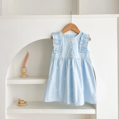 Summer Girls Dress Children's Clothing Bow Embroidered Flower Collar Girl's Dress Cartoon Printed Flying Sleeves Princess Dress